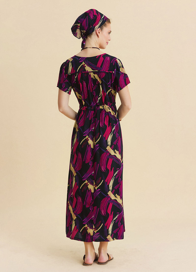 V Neck Slit Dress with Drawstring in Fuchsia  4958