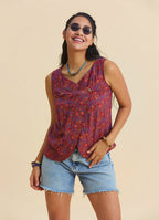 Button Detailed Asymmetrical Cut Red Floral Blouse 4888