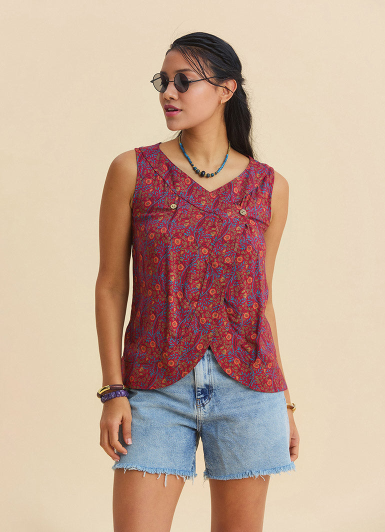 Button Detailed Asymmetrical Cut Red Floral Blouse 4888