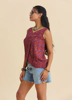 Button Detailed Asymmetrical Cut Red Floral Blouse 4888