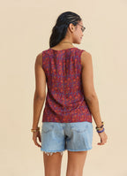 Button Detailed Asymmetrical Cut Red Floral Blouse 4888