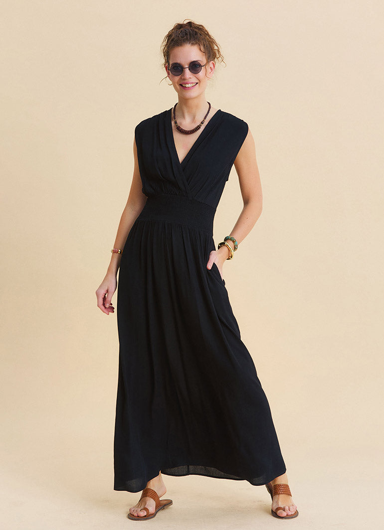Black Summer Dress with Cross Over Neckline and Elasticated Waist 4809