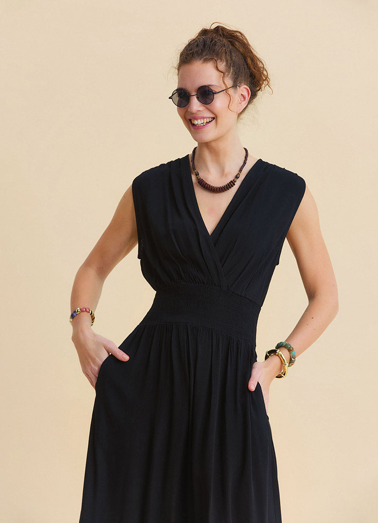 Black Summer Dress with Cross Over Neckline and Elasticated Waist 4809