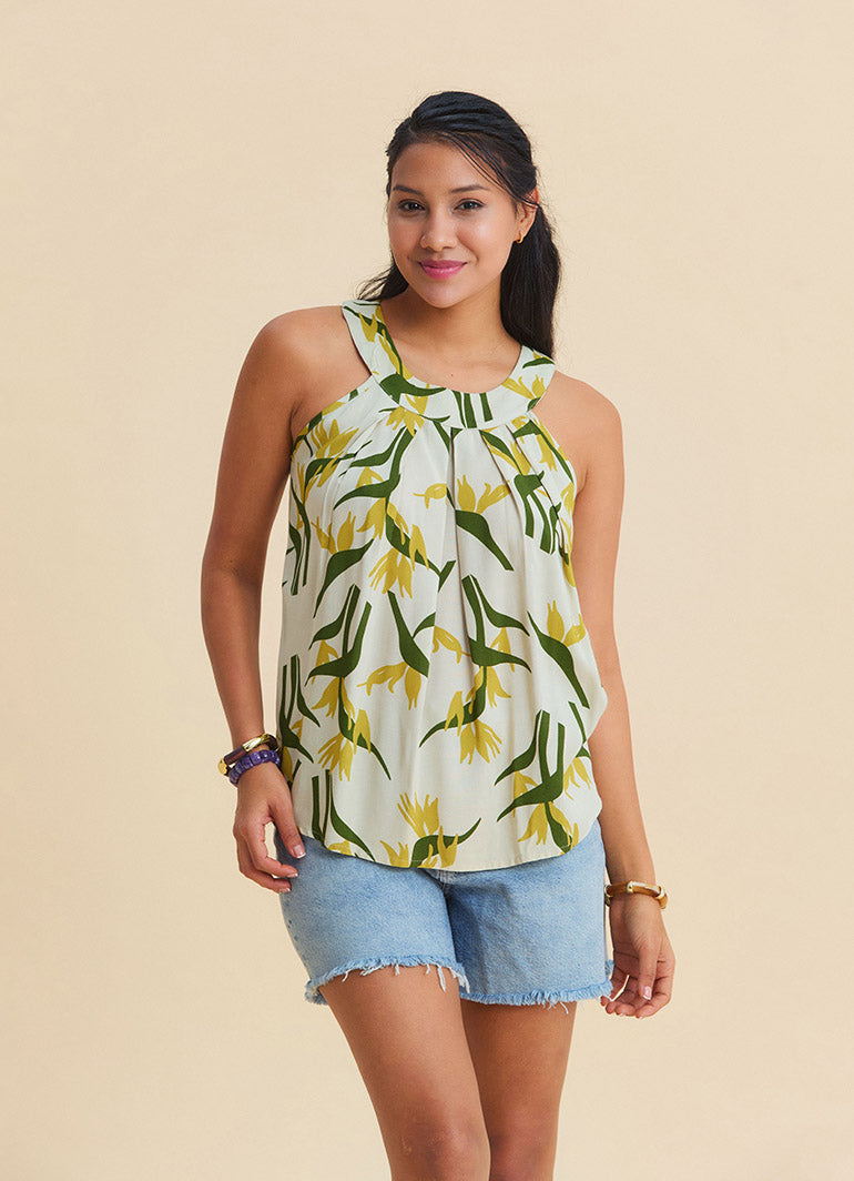 Halter Collar Button Detailed Pleated Anita Pattern Sleeveless Blouse 4893