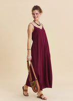 Wide Collar Thin Straps, Burgundy Summer Dress 4812