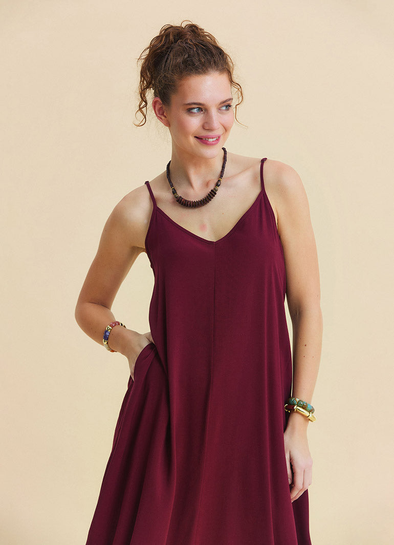 Wide Collar Thin Straps, Burgundy Summer Dress 4812