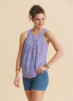 Lilac Floral Blouse with Button Detail and Pleats at the Halter Neck  4892