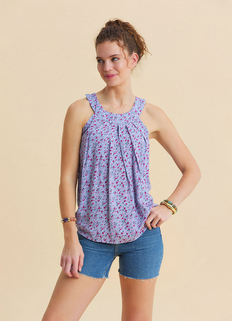 Lilac Floral Blouse with Button Detail and Pleats at the Halter Neck  4892