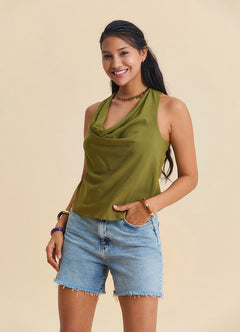 Green Sleeveless Blouse with a Loose Collar, Cross Back Neckline  4988