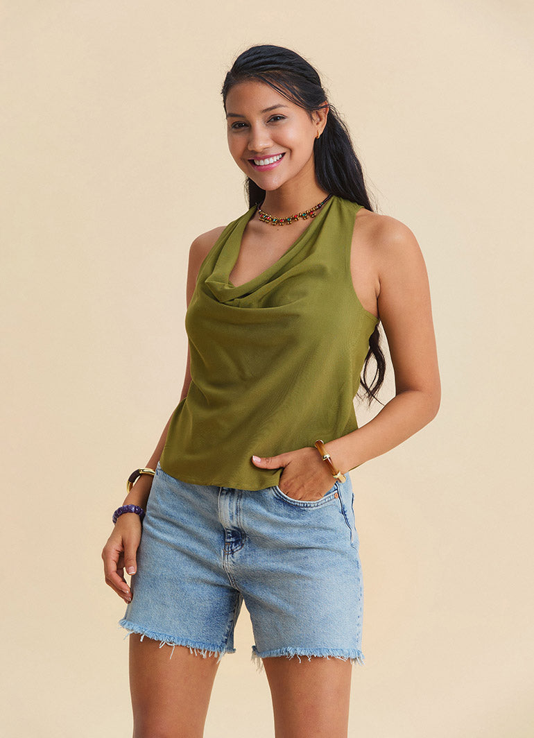 Green Sleeveless Blouse with a Loose Collar, Cross Back Neckline  4988