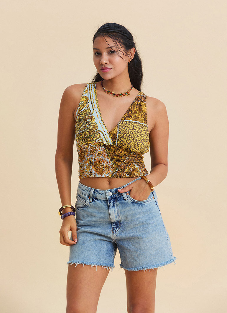 V neck  Gipe detailed back tie yellow authentic blouse 4927