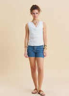 White Sleeveless Blouse with Open Collar, Cross Back, and V Neckline 4985