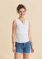White Sleeveless Blouse with Open Collar, Cross Back, and V Neckline 4985