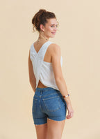 White Sleeveless Blouse with Open Collar, Cross Back, and V Neckline 4985