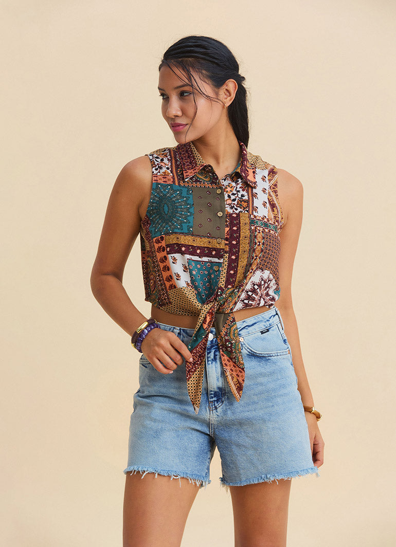 Shirt Collar Asymmetrical Cut Navy Sleeveless Blouse 4961