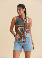 Shirt Collar Asymmetrical Cut Navy Sleeveless Blouse 4961