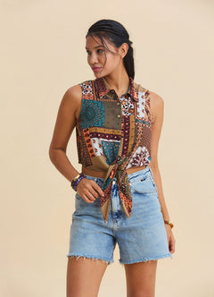 Shirt Collar Asymmetrical Cut Navy Sleeveless Blouse 4961