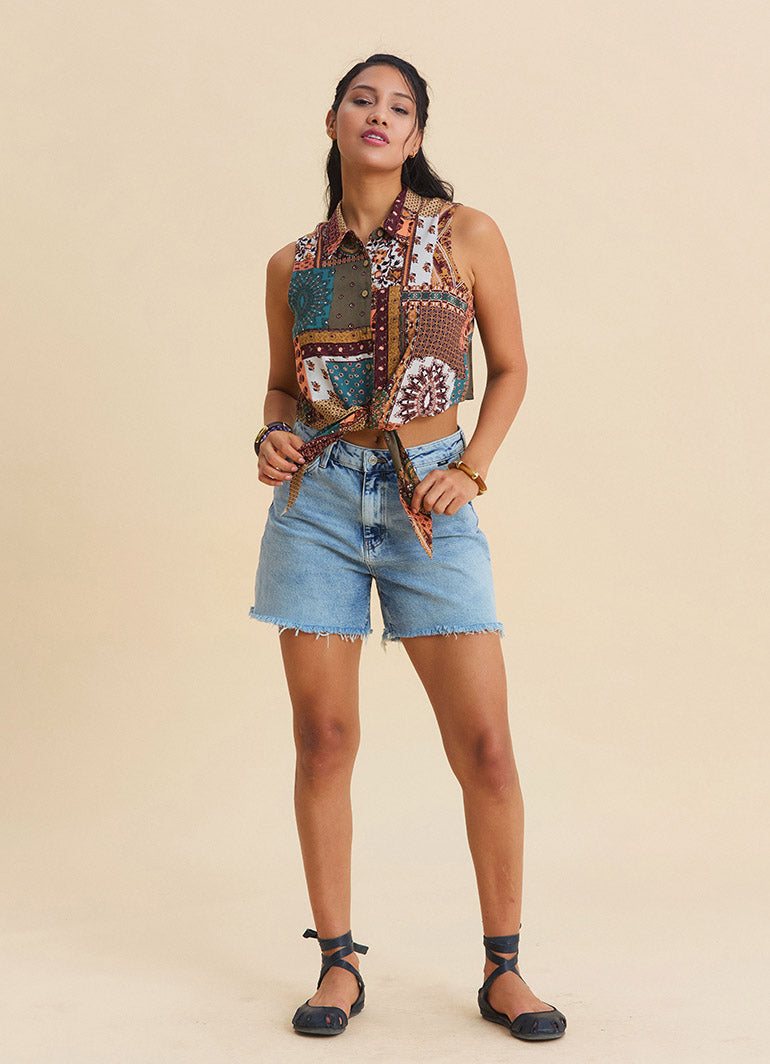 Shirt Collar Asymmetrical Cut Navy Sleeveless Blouse 4961