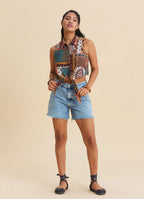 Shirt Collar Asymmetrical Cut Navy Sleeveless Blouse 4961