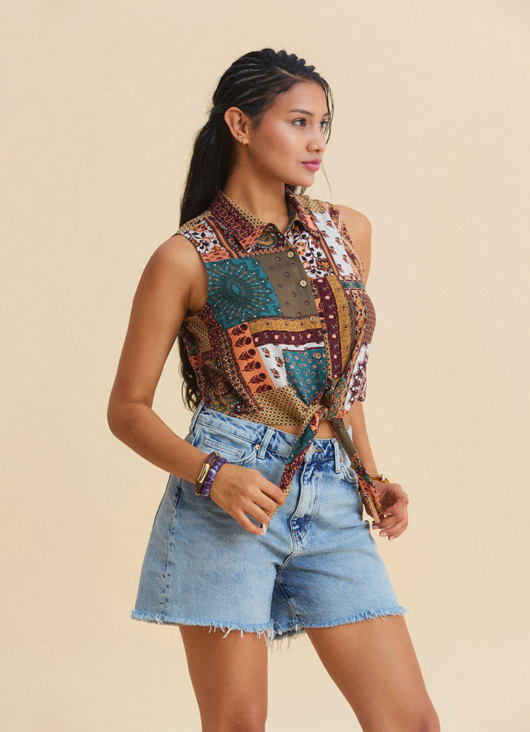 Shirt Collar Asymmetrical Cut Navy Sleeveless Blouse 4961