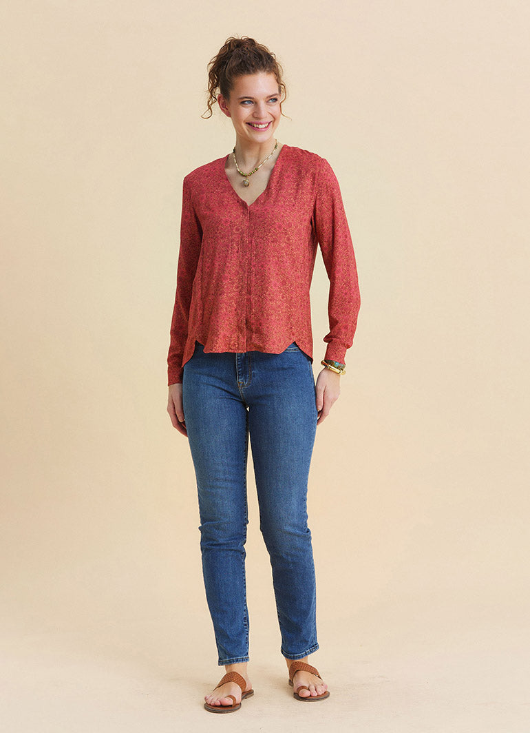 V Neck Button Down Blouse with Coral Flowers 4993
