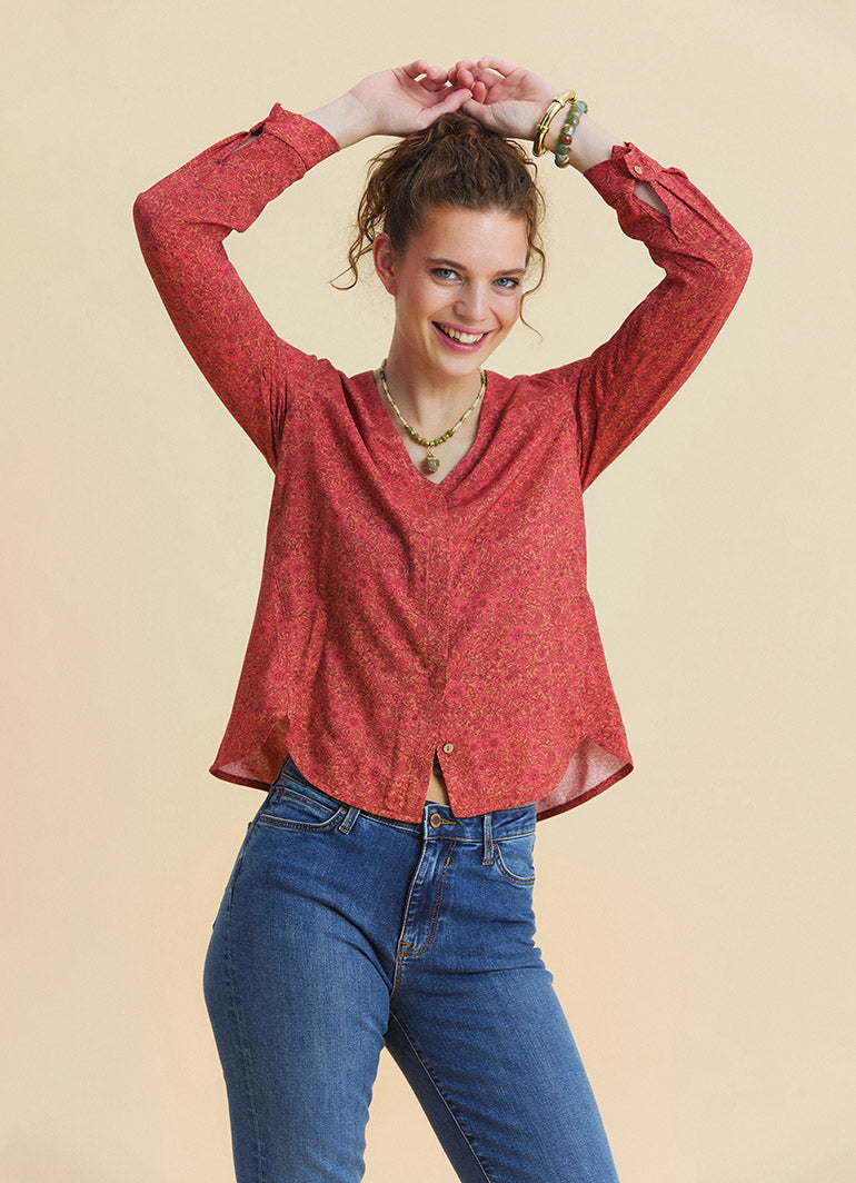 V Neck Button Down Blouse with Coral Flowers 4993