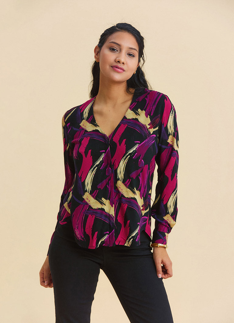 V Neck Button Down Fuchsia Long Sleeve Blouse 4990