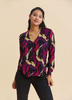V Neck Button Down Fuchsia Long Sleeve Blouse 4990