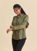 Mustard Colored Floral Blouse with Button Down Collar 4930