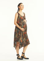 Khaki Patterned Scoop Neck Round Hem Sleeveless Maternity Dress