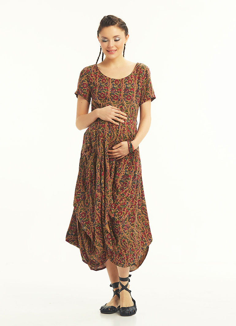 Authentic Pool Neck Half Sleeve Claret Red Patterned Long Maternity Dress