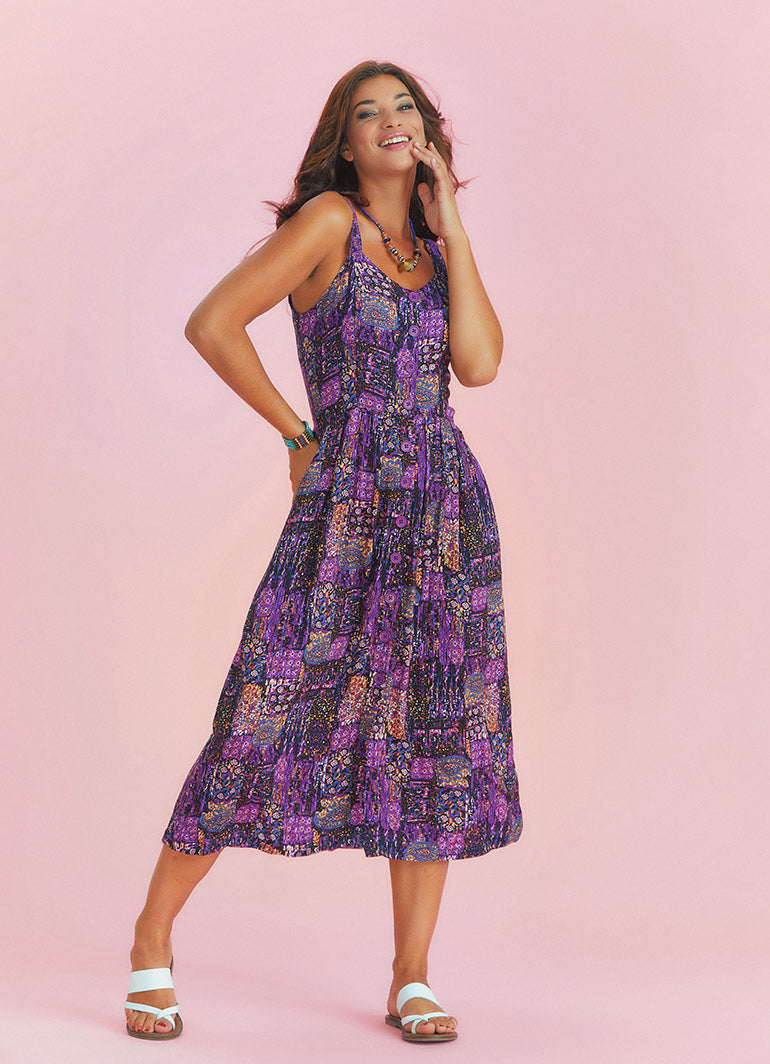Bohemian Style Buttoned Wide Strap Long Purple Patterned Dress