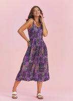 Bohemian Style Buttoned Wide Strap Long Purple Patterned Dress