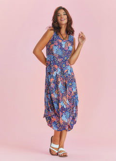 Sleeveless Paisley Tie Waist Blue Patterned Dress