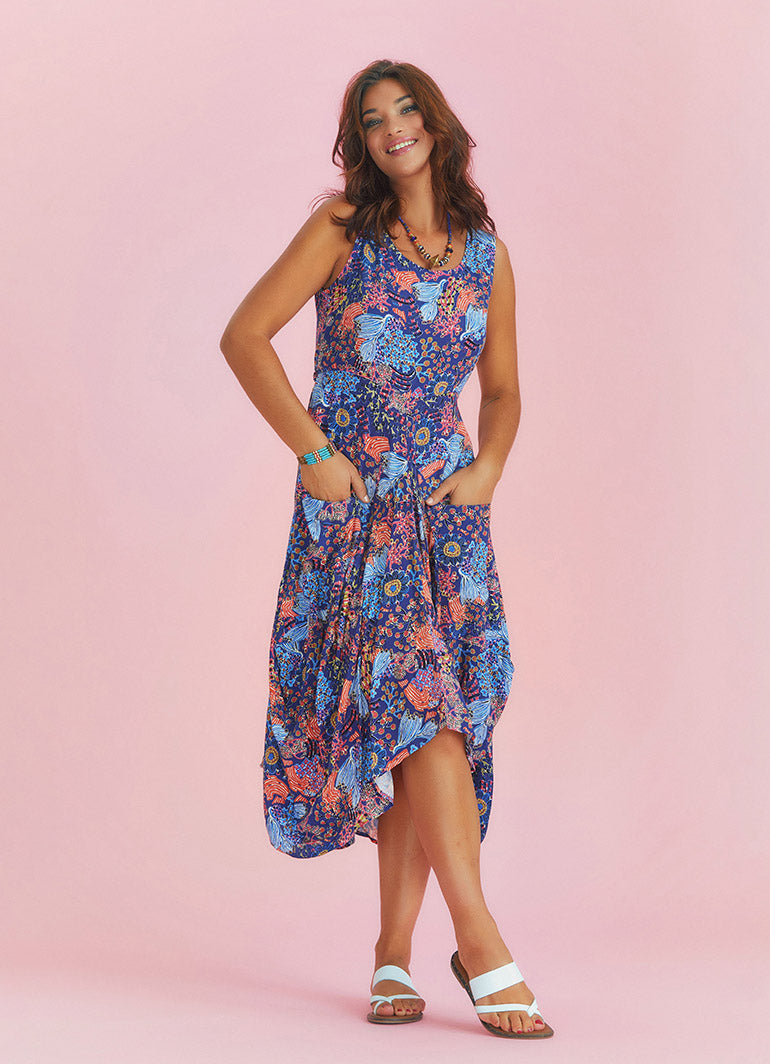 Sleeveless Paisley Tie Waist Blue Patterned Dress