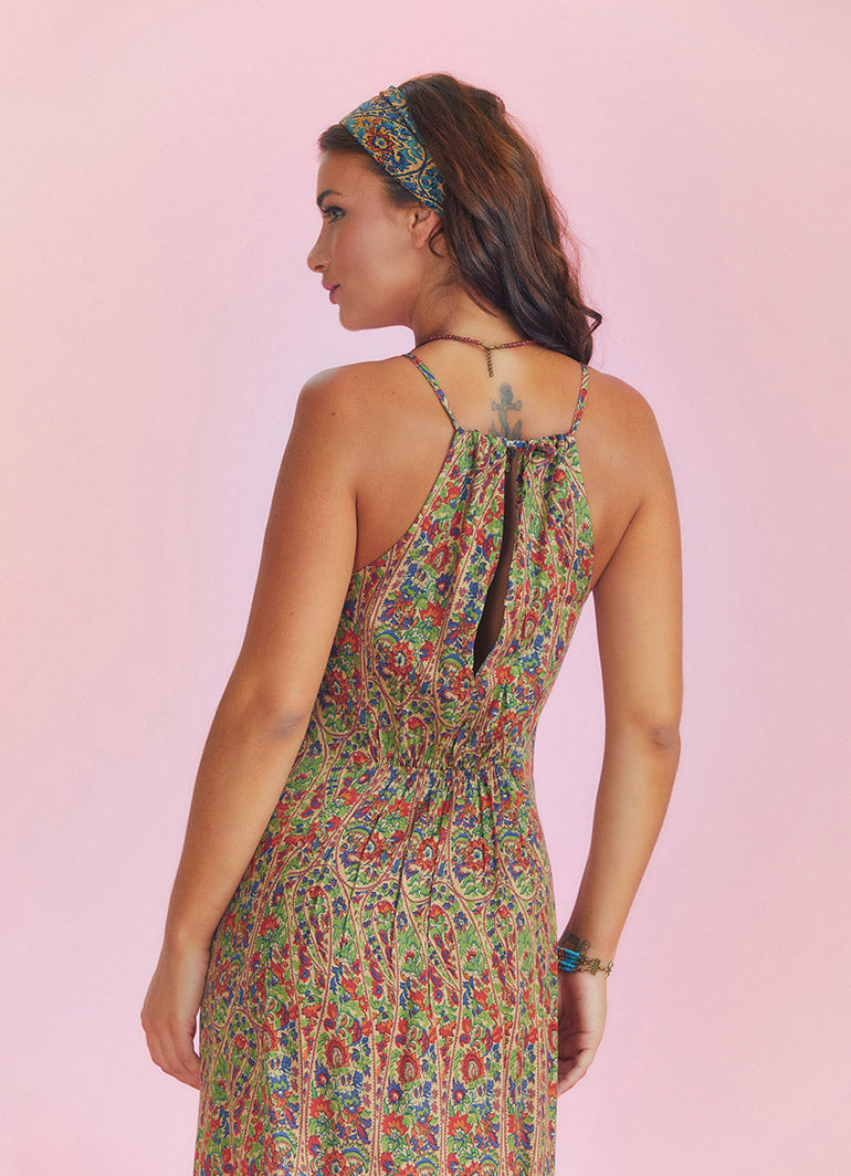 Ethnic Print Back Decollete Slit-Neck Green Dress