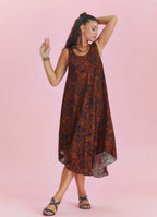 Orange Patterned Scoop Neck Round Hem Sleeveless Dress