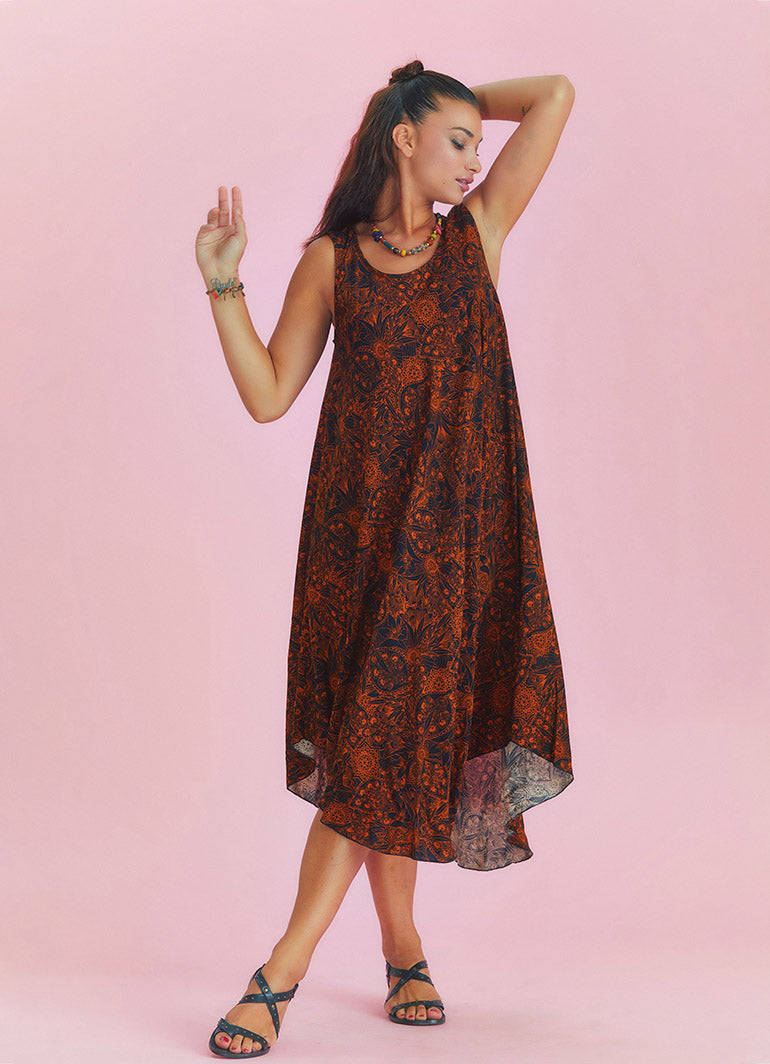 Orange Patterned Scoop Neck Round Hem Sleeveless Dress