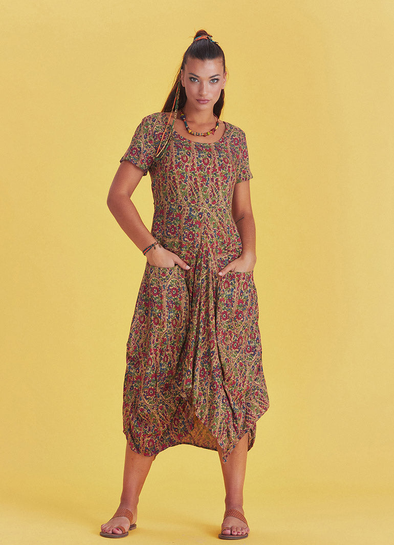 Authentic Pool Neck Half Sleeve Claret Red Patterned Long Dress
