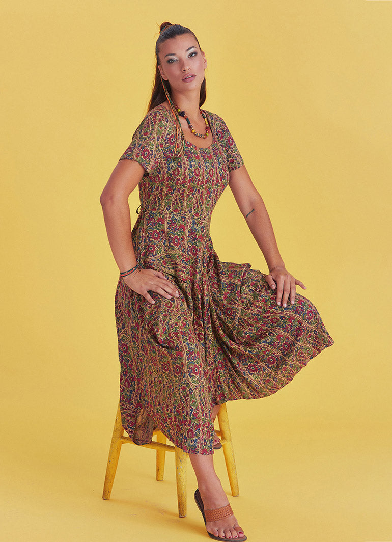 Authentic Pool Neck Half Sleeve Claret Red Patterned Long Dress