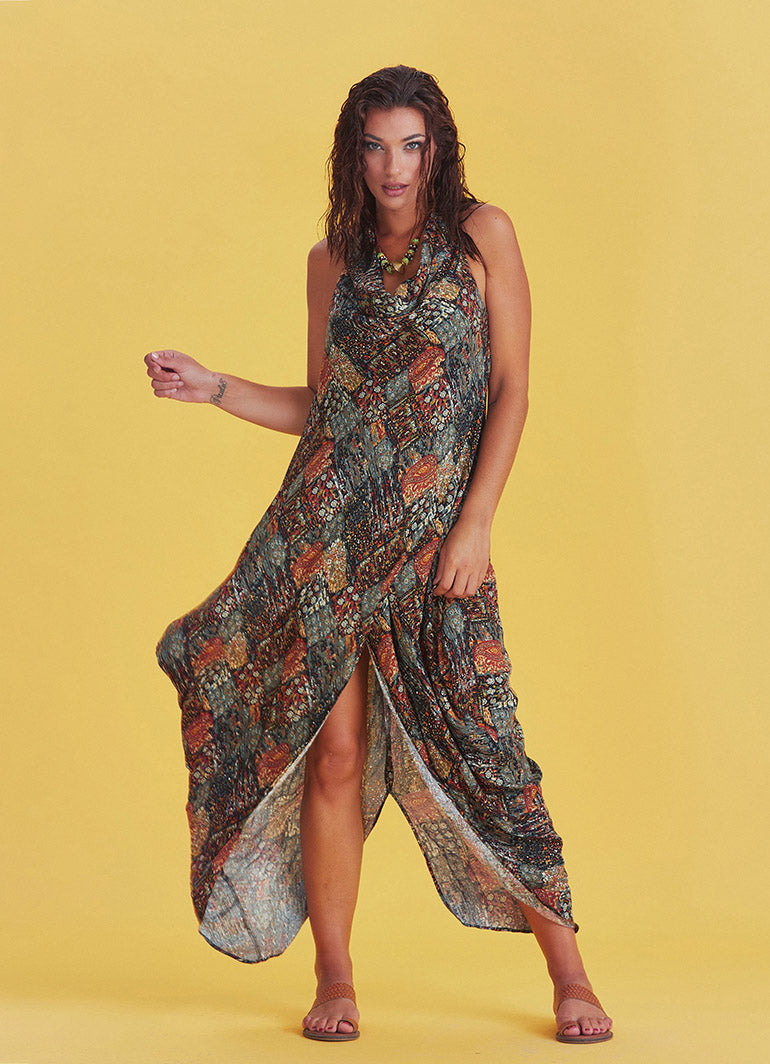 Bohemian Stylish Authentic Degaje Neck Khaki Patterned Dress