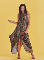 Bohemian Stylish Authentic Degaje Neck Khaki Patterned Dress