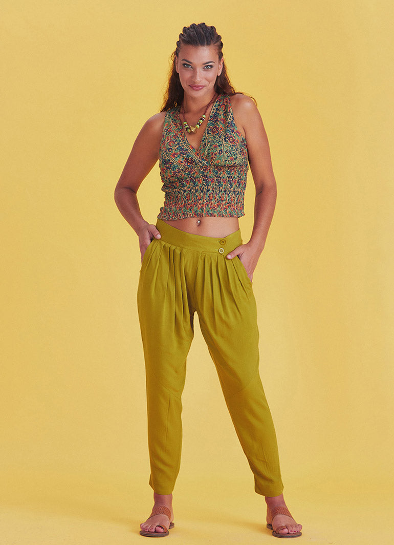 Boho Casual Drop Crotch Olive Pleated Pants