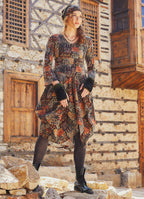 Khaki Printed V Neckline Long Sleeve Dress