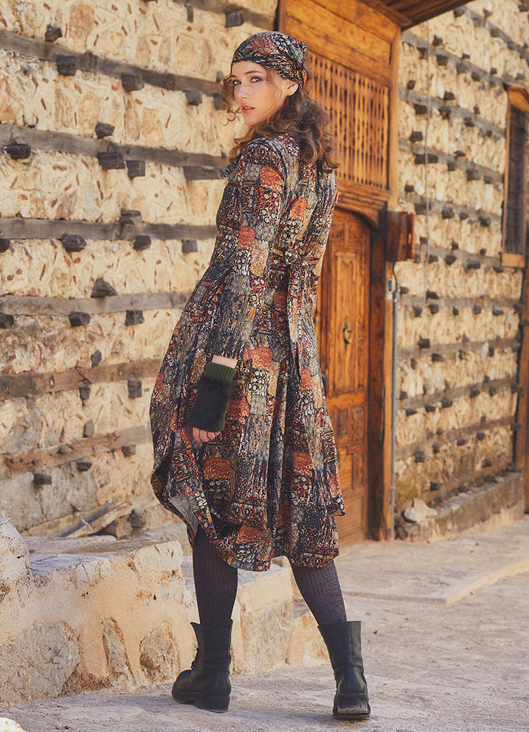 Khaki Printed V Neckline Long Sleeve Dress