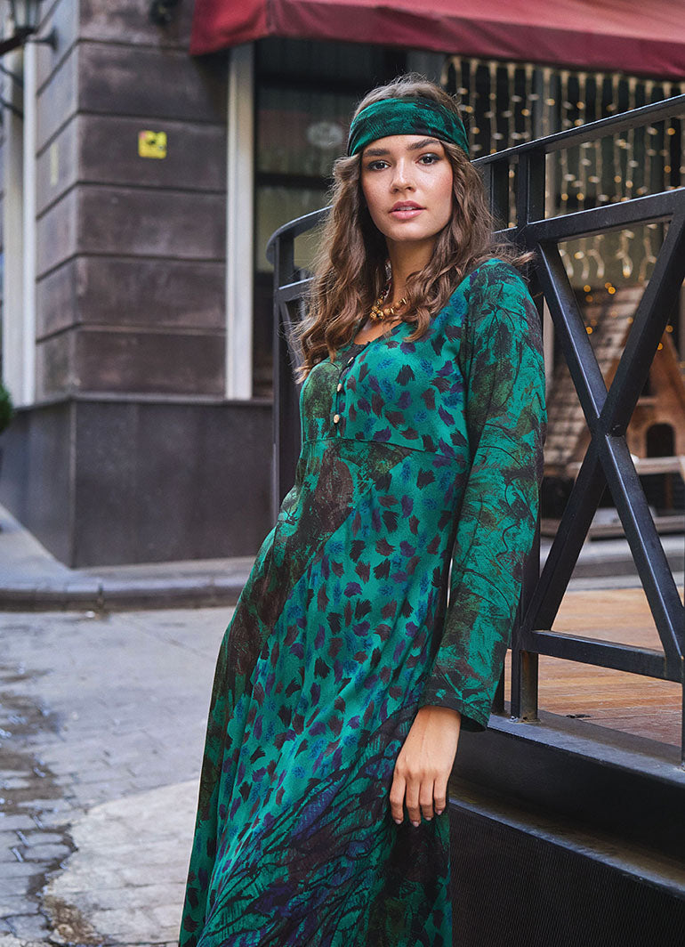 Long Sleeve Winter Green Patterned Patch Dress