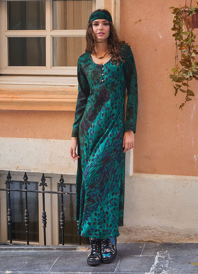Long Sleeve Winter Green Patterned Patch Dress