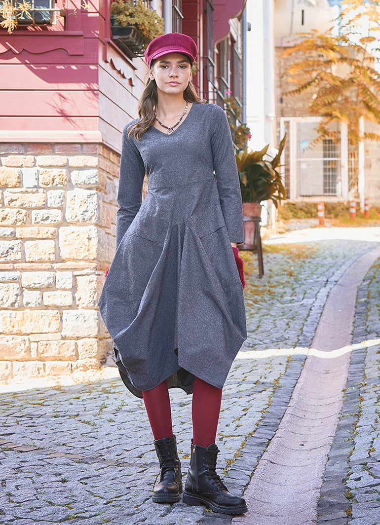 Boho Big Pockets Tie Waist V Neckline Gray Dress
