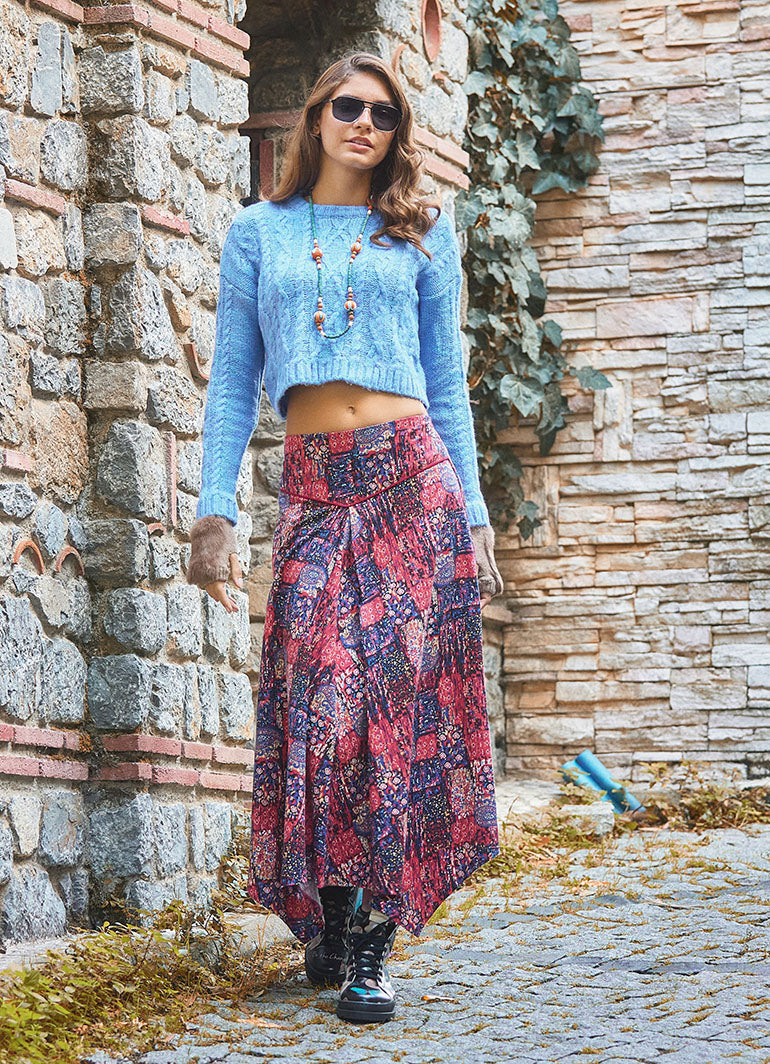 Red Printed Asymmetrical Hem Flared Midi Skirt