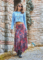 Red Printed Asymmetrical Hem Flared Midi Skirt